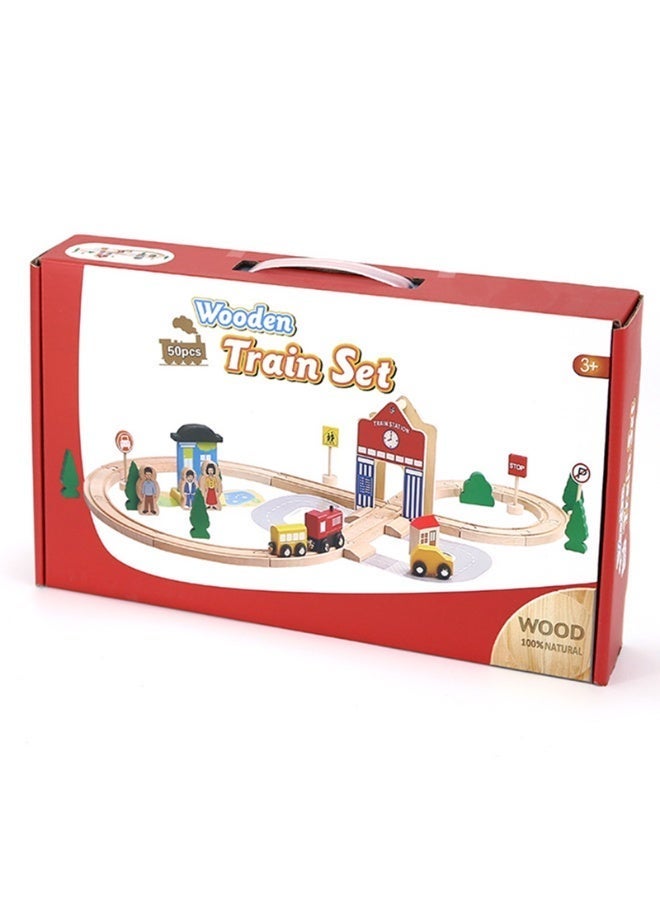 Wooden Train Set for Kids – 50 PCS Railway Track with Station, Figures & Signs | Montessori Educational Toy for Ages 3+ | Natural Safe Wood - Image 1